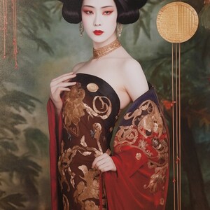 Japanese gold geisha DS0665 by artist Ksavera set of 2 giclee prints on stretched canvas, black or gold edges. READY to HANG diptych image 3