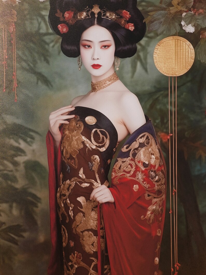 Japanese gold geisha DS0665 by artist Ksavera set of 2 giclee prints on stretched canvas, black or gold edges. READY to HANG diptych image 3