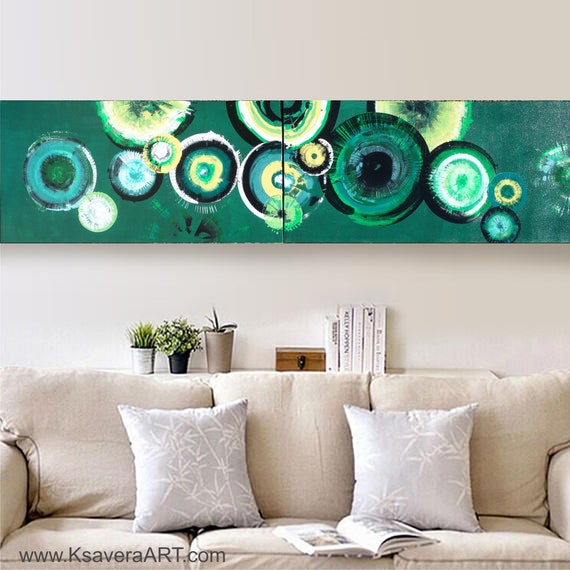 emerald lime green circles abstract art long paintings acrylic on stretched canvas diptych modern wall art A050 by artist Ksavera
