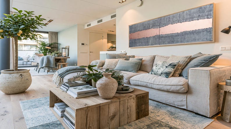 a modern and stylish living room with a large white sofa, a wooden coffee table, and various decorative elements such as potted plants, vases, and books.