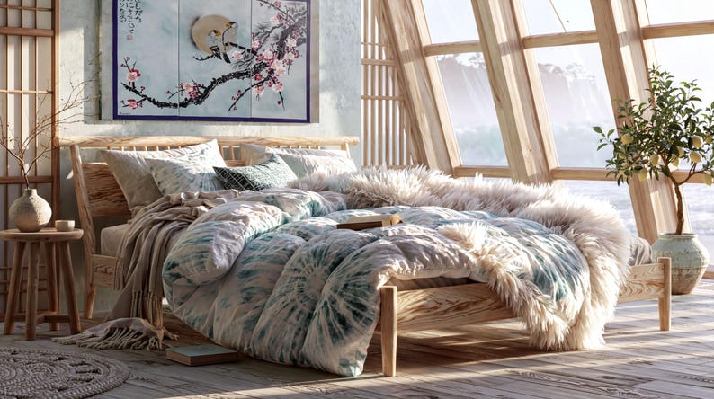 a serene and cozy bedroom with a large bed, a wooden headboard, and a large window overlooking a scenic view. The room is decorated with a mix of natural and modern elements, including a potted plant, a vase, and a framed artwork on the wall. The overall atmosphere of the room is warm and inviting, with a harmonious blend of colors and textures.