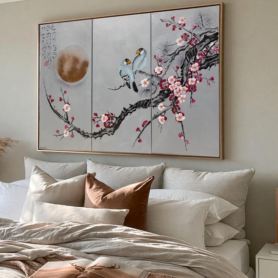 Cherry blossom and love birds - Japanese style acrylic painting J330 - Japan art - Large original silver paintings by artist Ksavera