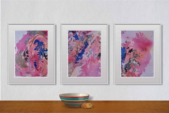 Set of 3 Fluid abstract original paintings on paper A4 - 18J009