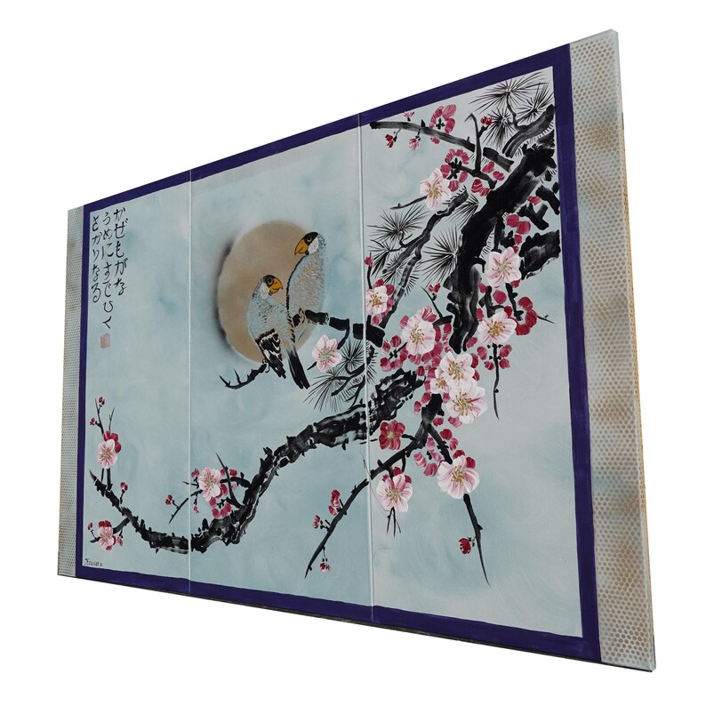 A large, colorful painting depicting two birds perched on a branch with pink flowers. The background is a light blue color, and the birds are depicted in a stylized, traditional Japanese-inspired manner.