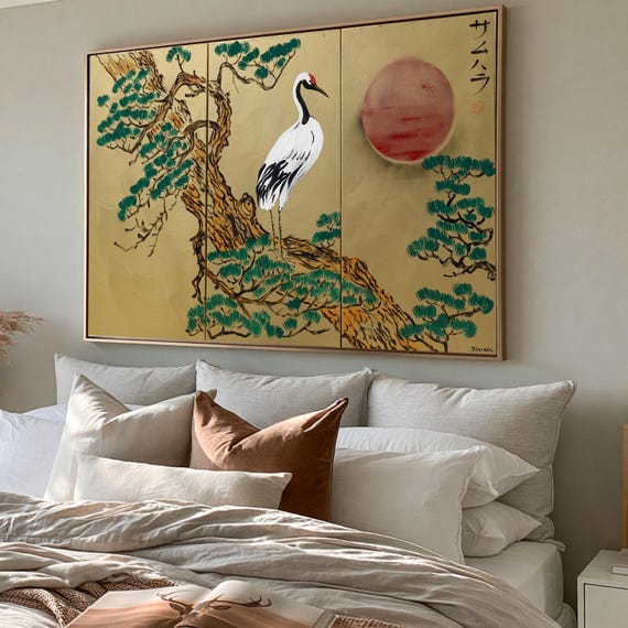 Japanese cranes  サムハラ Samuhara Japan art Japanese style painting J197 Large paintings 100x150 cm gold acrylic paintings by artist Ksavera