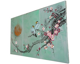 Cherry blossom and love birds - Japanese style painting J317 Large silver paintings Japan art acrylic on stretched canvas by artist Ksavera