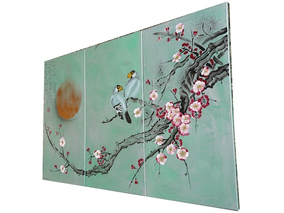 Cherry blossom and love birds - Japanese style painting J317 Large silver paintings Japan art acrylic on stretched canvas by artist Ksavera