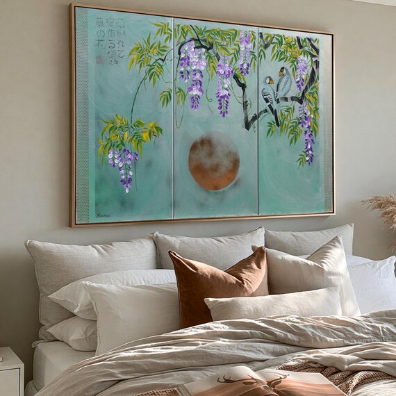 Japan art - Wisteria and love birds J359 - Japanese style painting - Large paintings - stretched canvas acrylic paintings by artist Ksavera