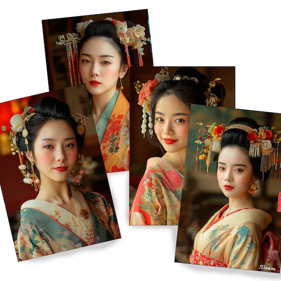 Japanese geisha DS0592 by Ksavera - Digital print set of 4 - synthography fine art prints - Printed on glossy premium fine art photo paper