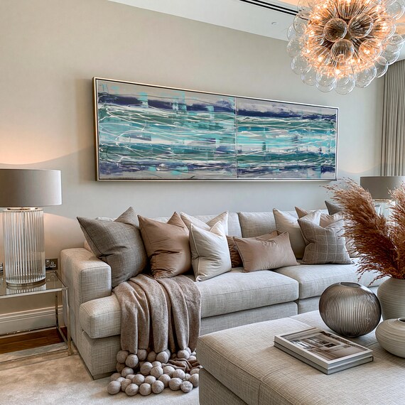 Abstract Canvas Diptych A205 Silver Teal Modern canvas Art by Ksavera