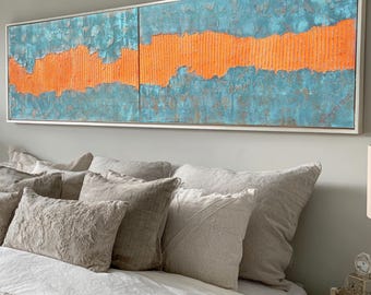 Abstract Wall Art A044 Teal Copper Patina Orange Stripe Textured Canvas by Ksavera