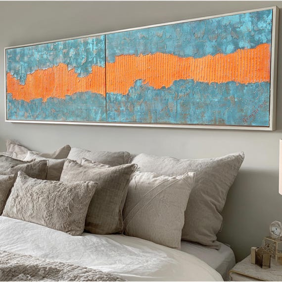Abstract Wall Art A044 Teal Copper Patina Orange Stripe Textured Canvas by Ksavera