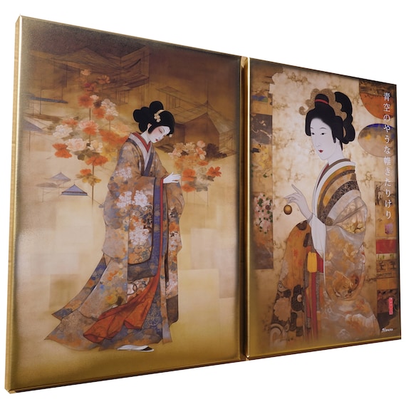 Japanese gold geisha DS0668 by artist Ksavera - set of 2 giclee prints on stretched canvas, black or gold edges. READY to HANG - diptych