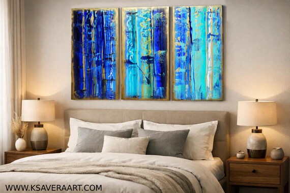 Abstract Blue and Gold Painting A334 Modern Triptych (100x150cm Set) by Ksavera