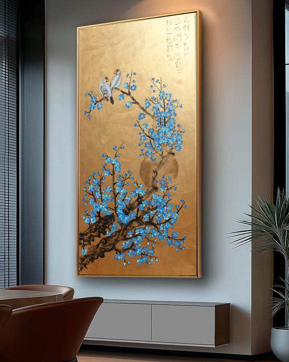Love Birds and Sakura J500 — gold Japanese Painting | Large Original Acrylic on Canvas | Ksavera