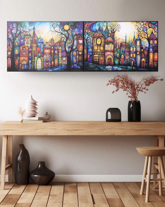 Belle Epoque DS0722 by artist Ksavera - set of 2 giclee prints on stretched canvas, black or gold, READY to HANG - diptych - Enchanted town