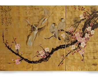 Japan art cherry blossom and love birds Japanese style Zen painting J135 Large paintings acrylic gold wall art by artist Ksavera