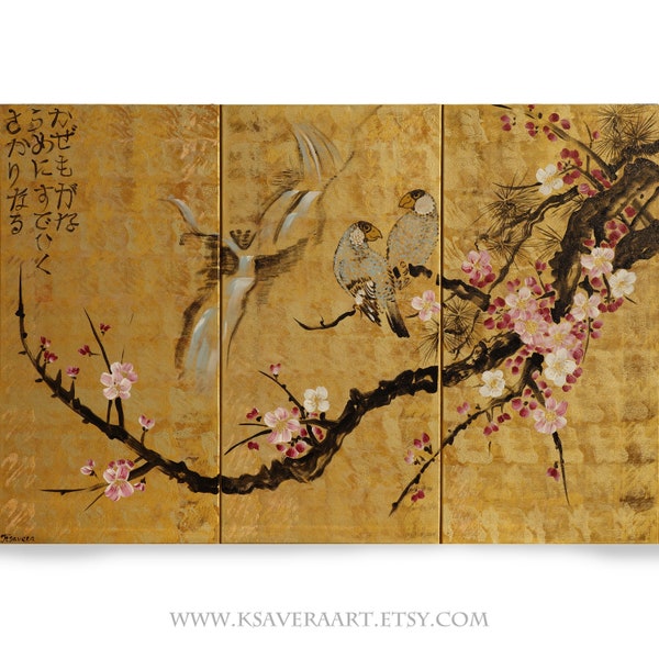 Art du Japon, fleur de cerisier, oiseaux d'amour, peinture de style japonais, triptyque, peintures acryliques, oeuvre de l'artiste Ksavera