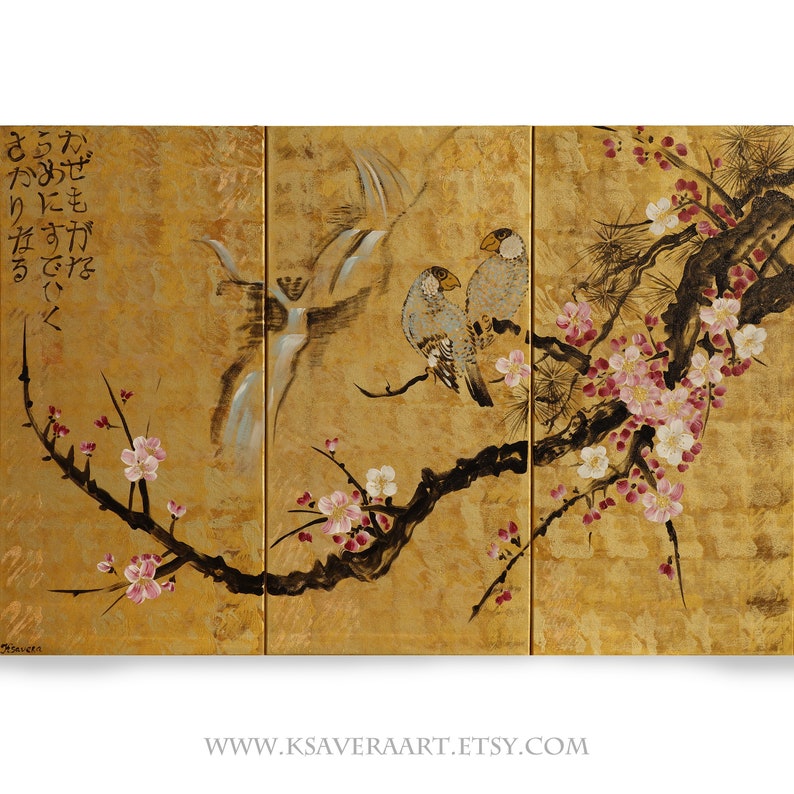 Japan art cherry blossom and love birds Japanese style Zen painting J135 Large paintings acrylic gold wall art by artist Ksavera image 1