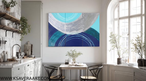 Abstract Wall Art A053: Blue and Silver Textured Canvas - Ksavera