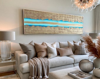 Abstract Acrylic Diptych Painting A469 Gold Turquoise Texture long Canvas Set Ksavera