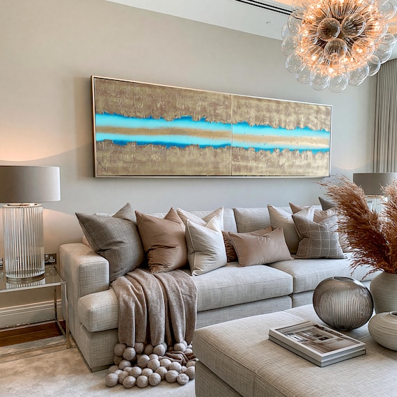 Abstract Acrylic Diptych Painting A469 Gold Turquoise Texture long Canvas Set Ksavera