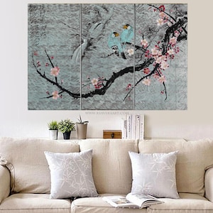 Arte giapponese, fiori di ciliegio e uccelli innamorati, stile giapponese, pittura d'argento, J168, grande arte murale, dall'artista Ksavera
