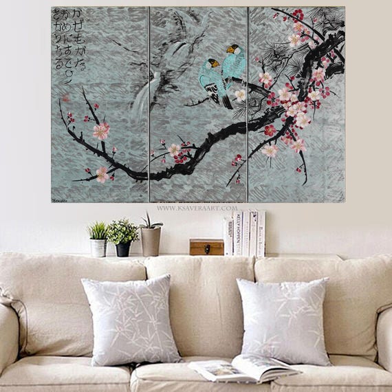 Japan art cherry blossom and love birds Japanese style silver painting J168 large wall art by artist Ksavera