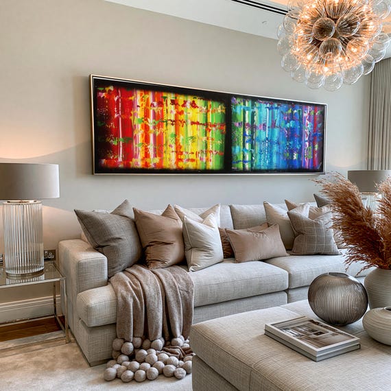 Rainbow Abstract Diptych Painting A611 Colorful Acrylic Canvas Set by Ksavera