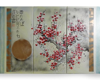 雪のりんご。 J230。 大きなトリプティク。 オリジナルアート。 日本画。