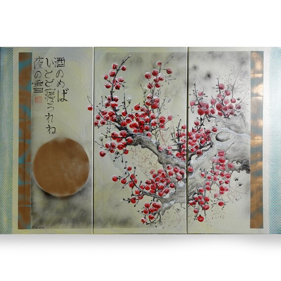 Japanese apples in snow J230 - large triptych - Large painting - Japan art - stretched canvas - acrylic paintings by artist Ksavera