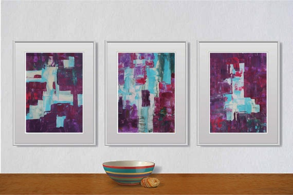 Set of 3 abstract original paintings on paper A4 - 18J029