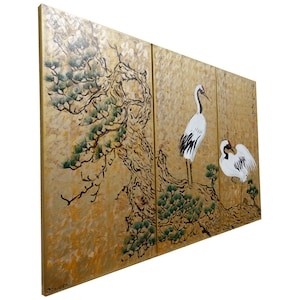 Japanese cranes サムハラ Samuhara Japan art Japanese style painting J093 Large paintings art 100x150x2 cm gold wall art by artist Ksavera image 8