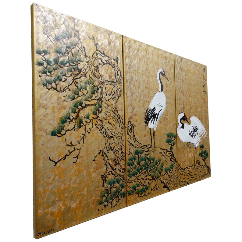 Japanese cranes サムハラ Samuhara Japan art Japanese style painting J093 Large paintings art 100x150x2 cm gold wall art by artist Ksavera image 8