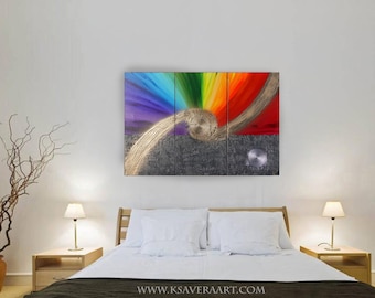 original abstract art A749 rainbow gold Large paintings 100x150 cm canvas acrylic art glossy metallic textured wall art by artist Ksavera