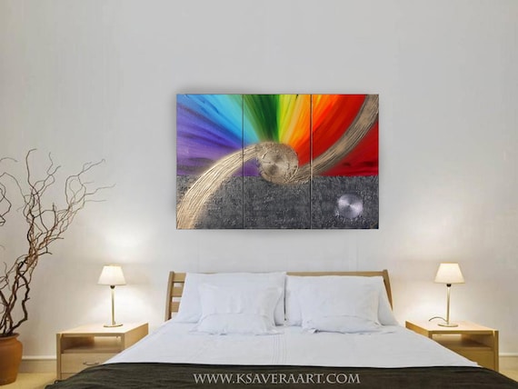 original abstract art A749 rainbow gold Large paintings 100x150 cm canvas acrylic art glossy metallic textured wall art by artist Ksavera