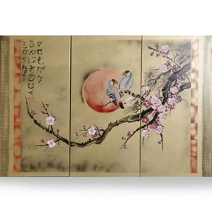 Japan art cherry blossom and love birds Japanese style painting J185 canvas original acrylic paintings gold wall art by artist Ksavera image 1