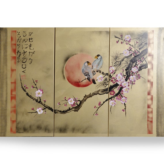 Japan art cherry blossom and love birds Japanese style painting J185 canvas original acrylic paintings gold wall art by artist Ksavera