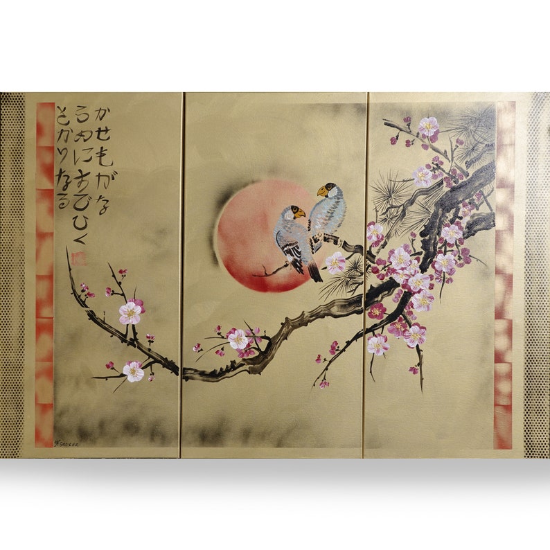 Japan art cherry blossom and love birds Japanese style painting J185 canvas original acrylic paintings gold wall art by artist Ksavera image 1