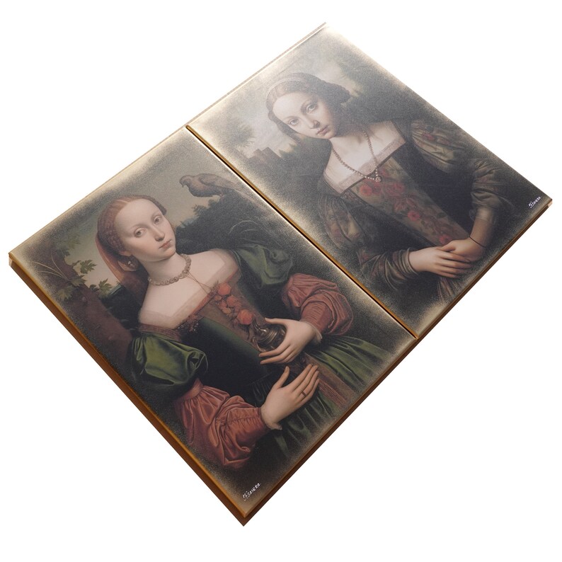 May include: Two framed paintings of women in Renaissance-style clothing. The woman on the left is holding a small object in her hand. The woman on the right is standing with her hands clasped in front of her.