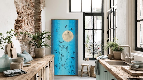 Moonlight Night Painting J097 Turquoise Zen Bamboo Canvas Art by Ksavera