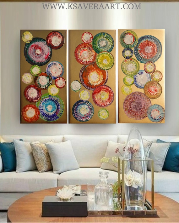 Abstract paintings A1280 by artist Ksavera - gold triptych, original acrylic paintings, impasto