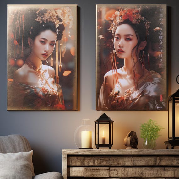 Japanese gold geisha DS0662 by artist Ksavera - set of 2 giclee prints on stretched canvas, black or gold edges. READY to HANG - diptych