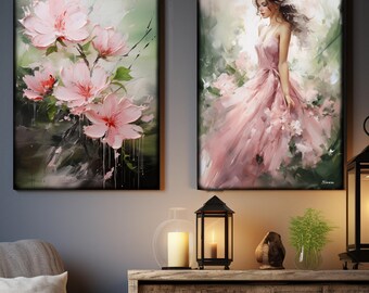 Belle Epoque DS0667 by artist Ksavera - set of 2 giclee prints on stretched canvas, black or gold edges. READY to HANG - diptych, portrait