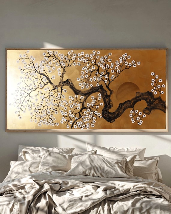 Japanese Sakura J522 | Original Acrylic Painting on Large Canvas | Gold Luxury Art by Ksavera