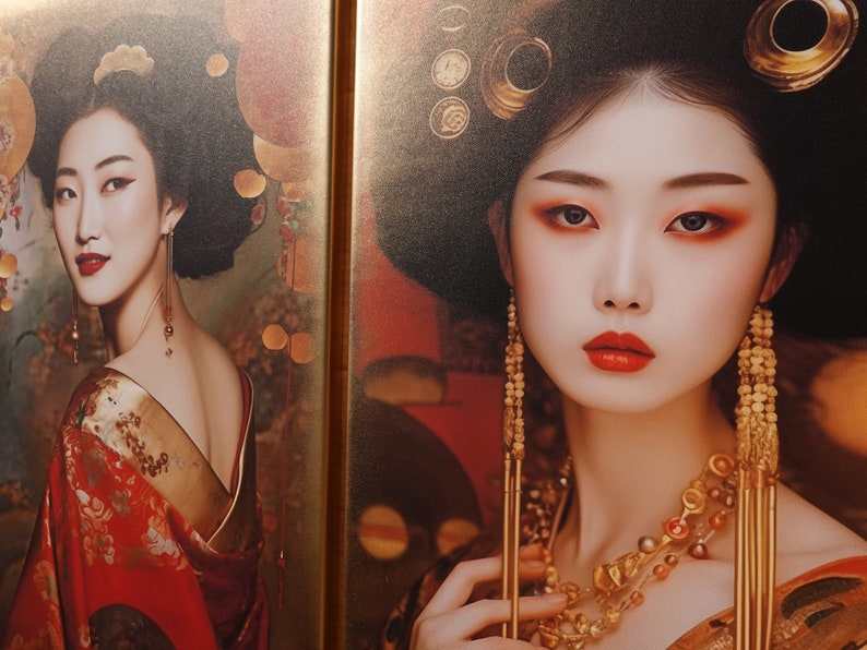 Japanese gold geisha DS0666 by artist Ksavera set of 2 giclee prints on stretched canvas, black or gold edges. READY to HANG diptych image 5