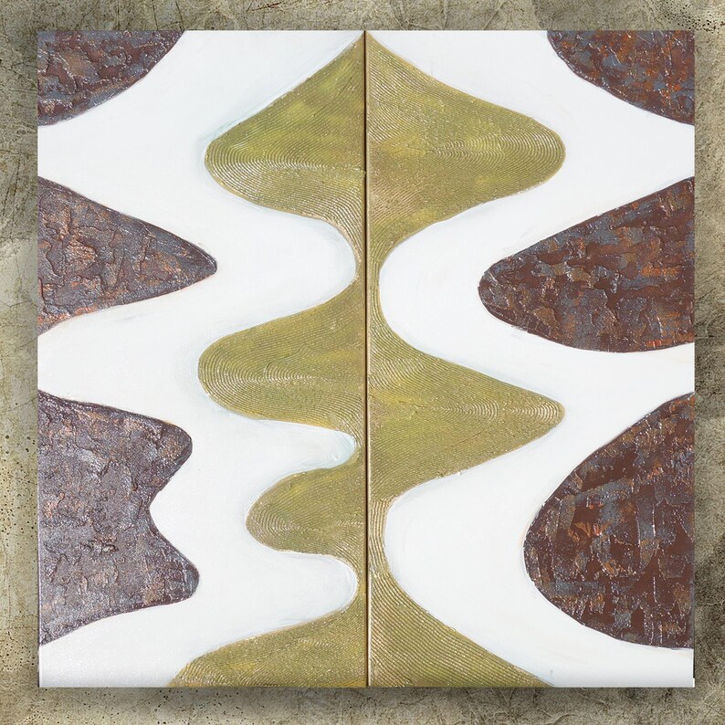 The image is a square artwork with a striking contrast between white and brown elements. The white background is adorned with a series of brown shapes, creating a visually captivating design. The composition is balanced and harmonious, with the white shapes providing a clean and crisp contrast to the brown shapes. The artwork is a captivating display of color and form, showcasing the artist's skill and creativity.