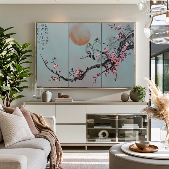 Japanese sakura J357 - triptych - Large paintings - Japan art - cherry blossom - love birds - acrylic paintings - wall art by artist Ksavera