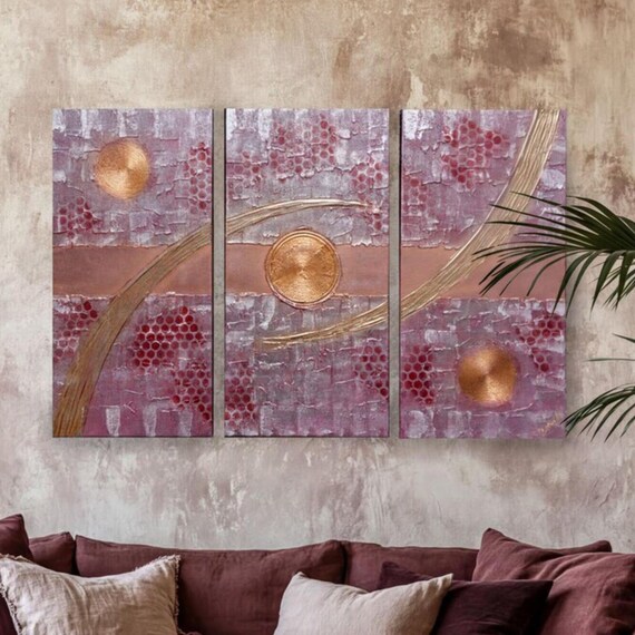 Silver Burgundy Triptych Painting A1213 Large Abstract Acrylic Art by Ksavera