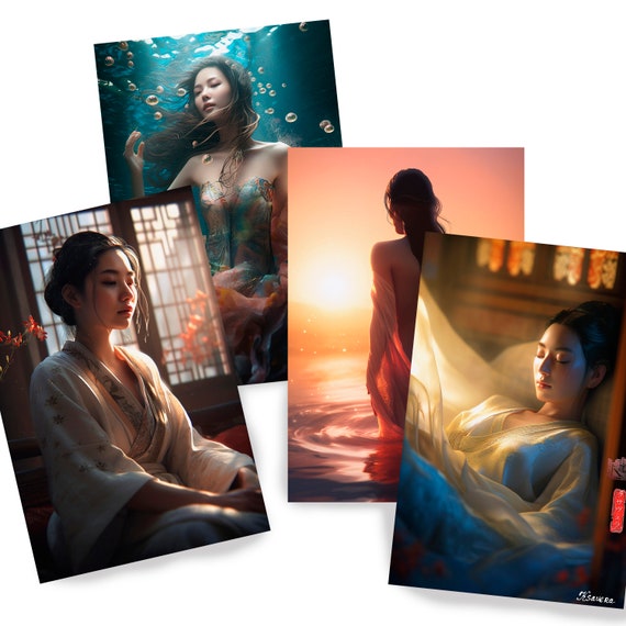 Japanese geisha DS0293 by Ksavera - Digital print set of 4 - synthography fine art prints - Printed on glossy premium fine art photo paper